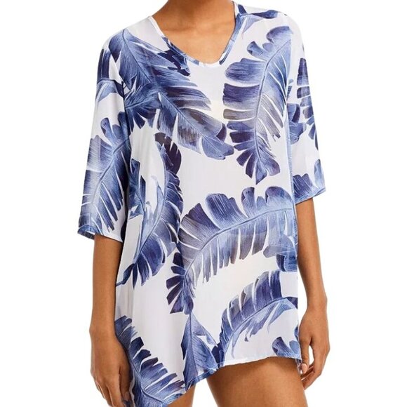NEW J Valdi Leaf Print Sharkbite Hem Swimsuit Cover Up Tunic in White/Navy, S‎ - Picture 1 of 8